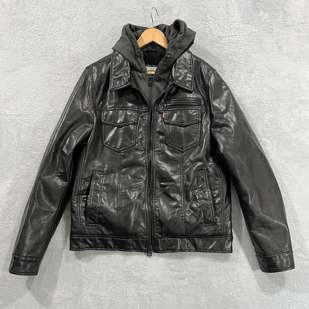 Levi Strauss Jacket Faux Leather Men's L Sherpa Lined Hood Double Zip Black‎ Y2K